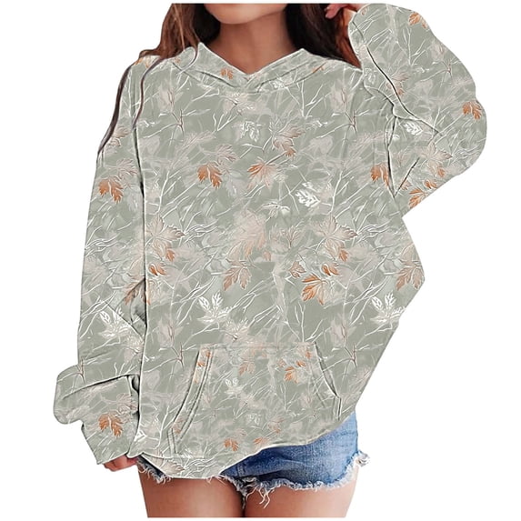 Boys Girls Leaf-Print Hooded Sweatshirt Tween Long-Sleeve Loose Fit Hoodie Casual Pullover Top for Fall Outings & Trips