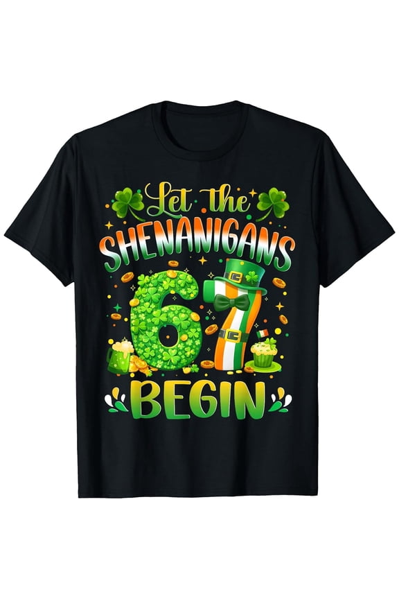 Boys Girls Let The Shenanigans Begin 67 St Patrick's Day Meme Six Seven T-Shirt, T-Shirt for Kids Youth, 180gsm, 100% Cotton