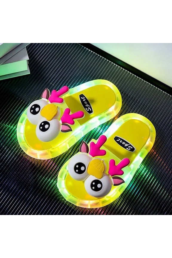 Boys Girls Light Up Slippers Motion Sensor LED Slides with Cartoon Pattern Non- Sole, Indoor Outdoor Use(35,Yellow2)