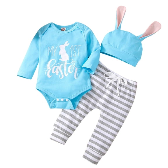 Boys Girls Long Sleeve Easter Letter Cartoon Rabbit Prints Romper Bodysuit Striped Pants Hat Outfits Easter Gift Clothes Palywear A 6 Months-9 Months