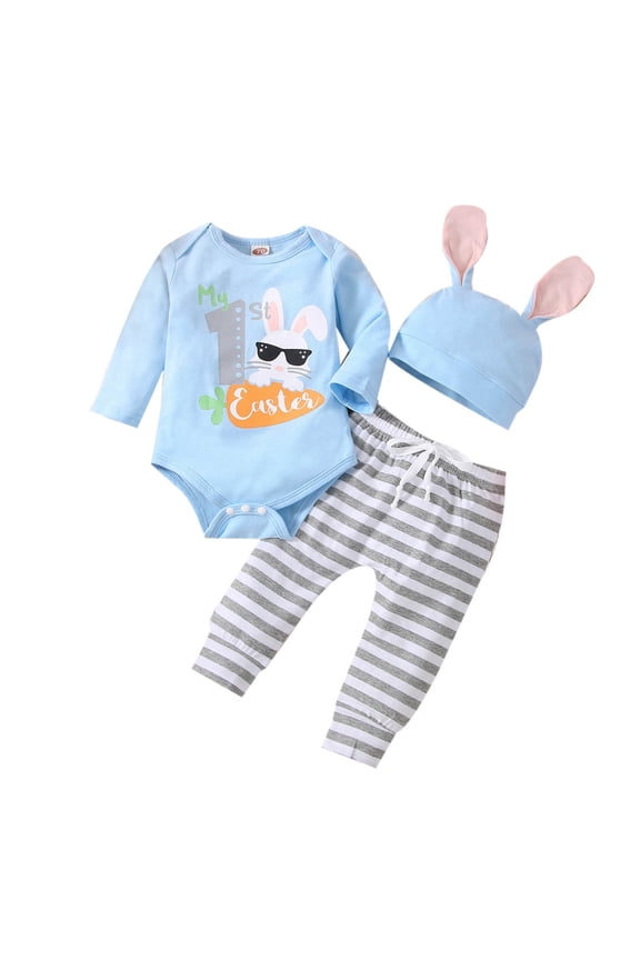 Boys Girls Long Sleeve Easter Letter Cartoon Rabbit Prints Romper Bodysuit Striped Pants Hat Outfits Easter Gift Clothes Palywear Blue 6 Months-9 Months