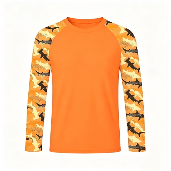 Boys Girls Long Sleeve Rash Guard, Kids Shark Camo Print Raglan Swim Shirt, UPF 50+ Sun Protection Crew Neck Tops for Beach Pool Outdoor Travel(Orange,13-14 Years)