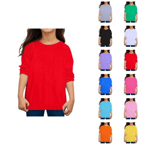 Boys Girls Long Sleeve Shirts Soft Plain Casual Crewneck Undershirts Spring Tops 2-13 Years