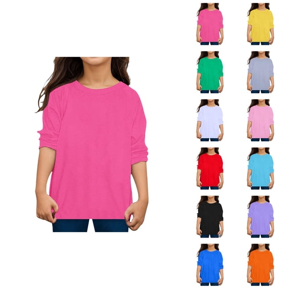 Boys Girls Long Sleeve Shirts Soft Plain Crewneck Casual Undershirts Spring Tops 2-13 Years