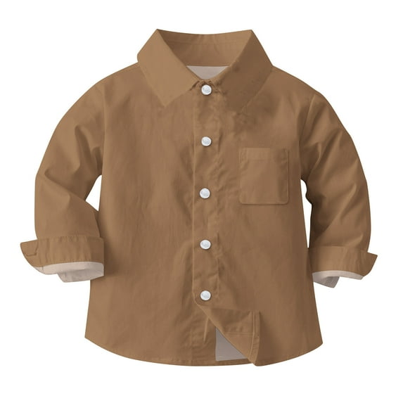 Boys and Girls Long Sleeve Shirts Solid Color Lapel Uniform Shirts Button Down Tops Casual Flannel Blouses Western Shirts School Uniform Tees Pocketed Regular Fit Fall Outfits Brown 5 Years