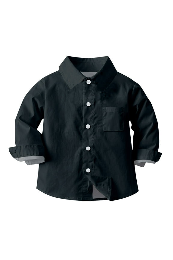 Boys and Girls Long Sleeve Shirts Solid Color Lapel Uniform Shirts Button Down Tops Casual Flannel Blouses Western Shirts School Uniform Tees Pocketed Regular Fit Fall Outfits Black 4 Years