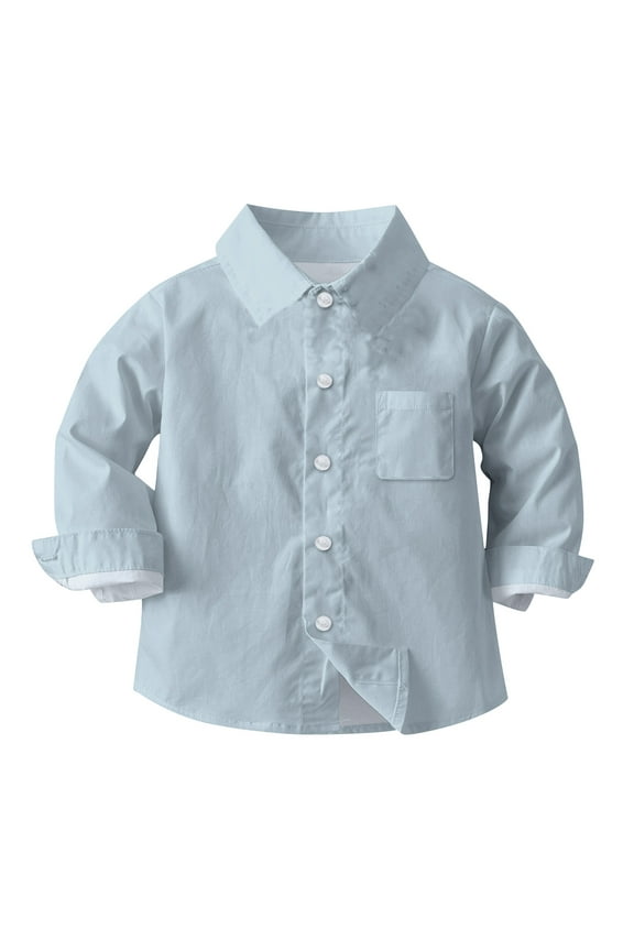 Boys and Girls Long Sleeve Shirts Solid Color Lapel Uniform Shirts Button Down Tops Casual Flannel Blouses Western Shirts School Uniform Tees Pocketed Regular Fit Fall Outfits Blue 6 Months