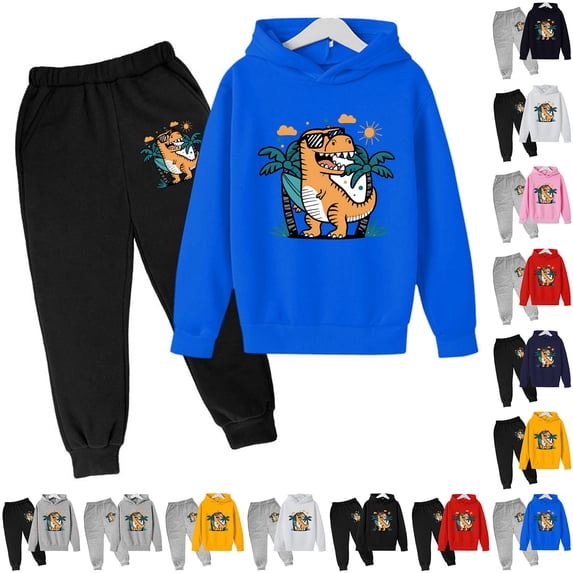 Boys Girls Outfits Hoodies and Joggers with Dinasour Print Long Sleeve Fall Winter Clothes Outfit Animal Printed Top and Pants Set 2 Piece Sweatsuit for Toddler and Big Kids
