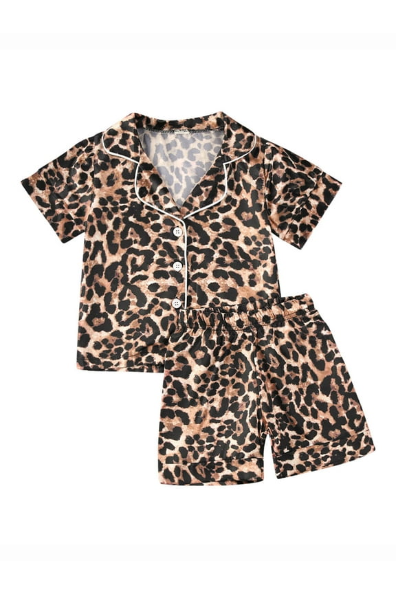Boys Girls Pajamas Set 1-6T Leopard Print Long/Short Sleeve Tops+Elastic Waistband Shorts/Trousers Kids 2Pcs Sleepwear Suit