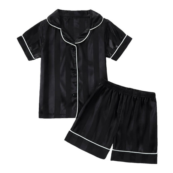 Boys Girls Pajamas Set Toddler Kids Soft Silk Satin Button-Down Shirt with Shorts 2 Piece PJS for Kids 1-8 Years