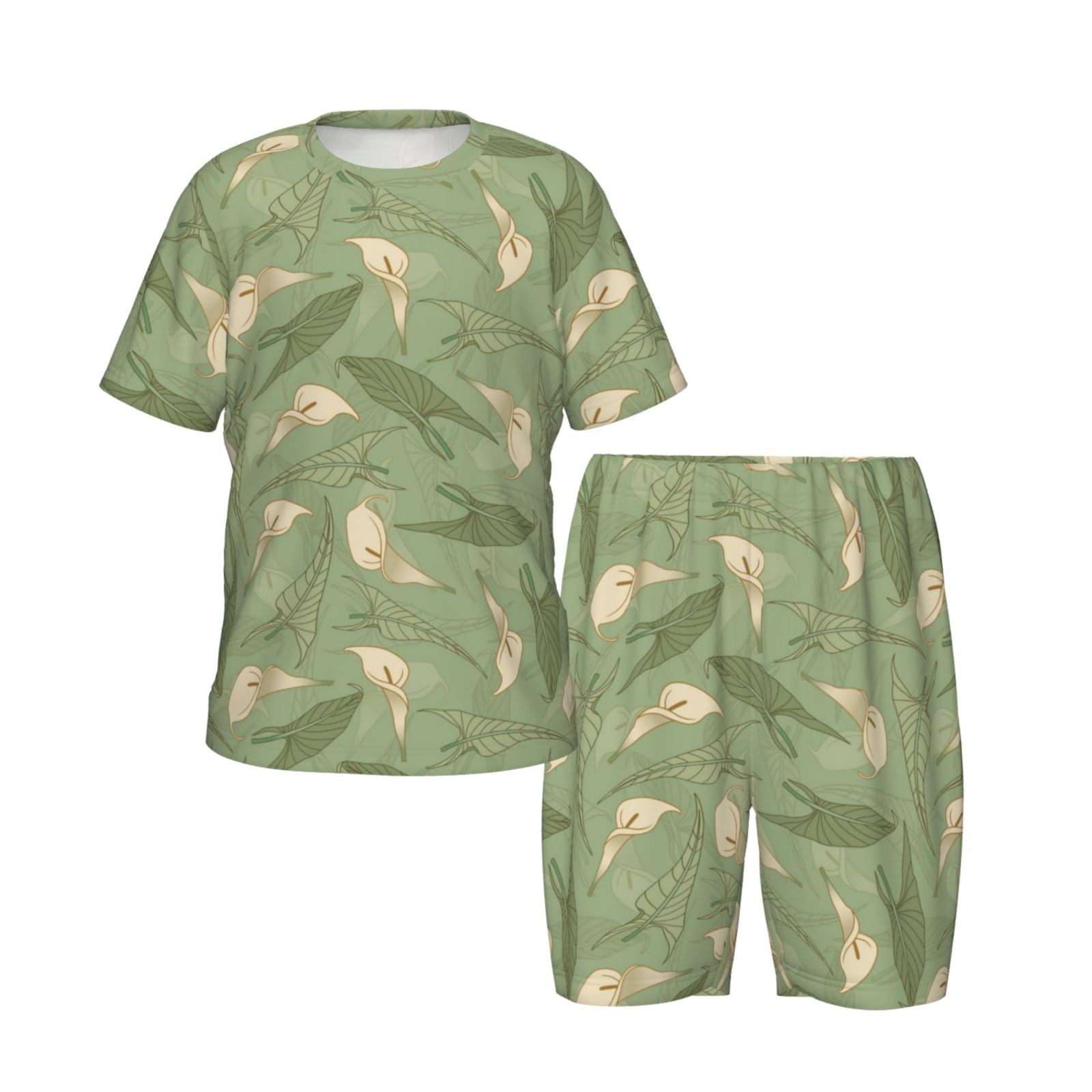 Boys Girls Pajamas Sets for Kids, Green Leaves Calla Lily Flowers
