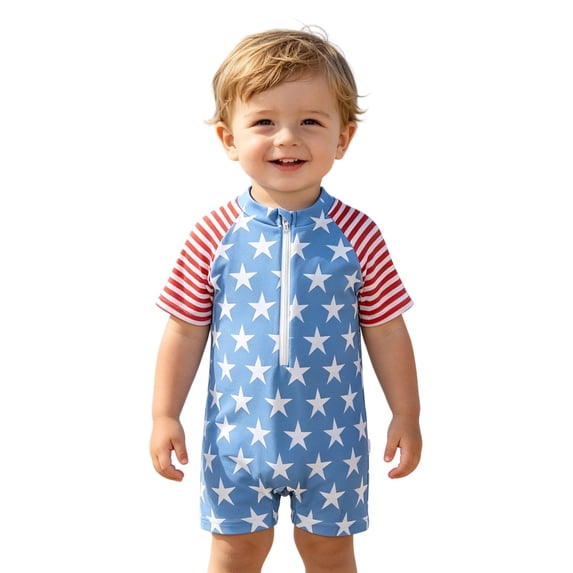 Boys Girls Patriotic One Piece Swimsuit, Independence Day Star Stripe Rash Guard, Short Sleeve Zipper Bathing Suit for Beach Pool Summer(Light Blue,0-6 Month)
