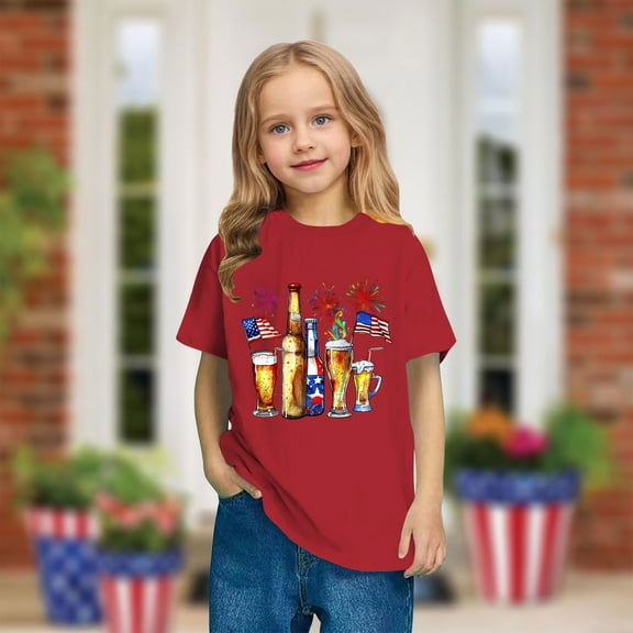 Boys Girls Patriotic T-Shirt Kids American Flag Tees Fashion Independence Day Round Neck Casual Short Sleeve Cotton Top Red 3-4 Years