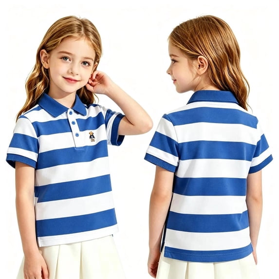 Boys & Girls Performance Golf Polo Shirts Kids Striped Short Sleeve Button Polo Shirts Classic Stretch School Uniform Tops 120