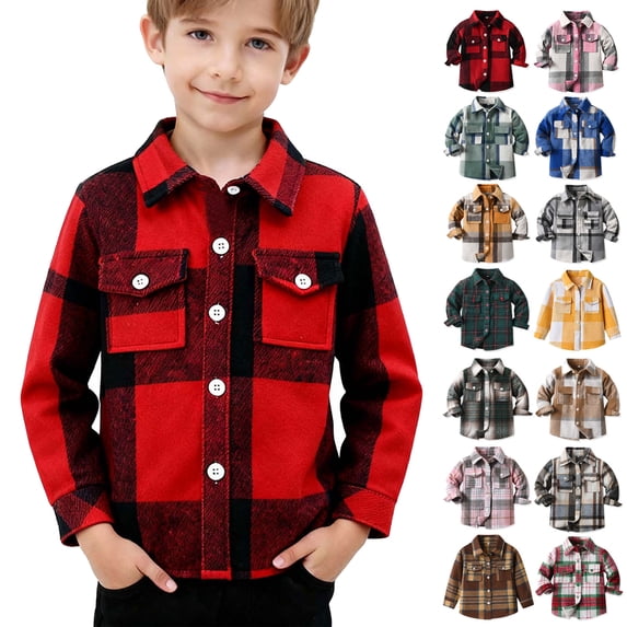 Boys Girls Plaid Shirts Long Sleeve Button Down Shacket Kids Casual lightweight Jackets Blouses Tops with Pockets
