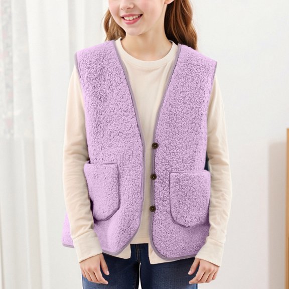 Boys Girls Polar Fleece Vest Jacket Kids Casual Button Down Sleeveless Sherpa Coat Lightweight Fall Winter Fuzzy Outerwear with Pocket