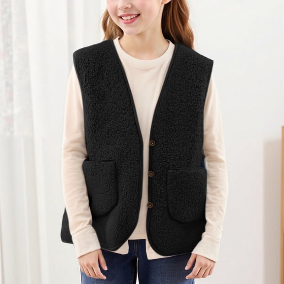 Boys Girls Polar Fleece Vest Jacket Kids Casual Button Down Sleeveless Sherpa Coat Lightweight Fall Winter Fuzzy Outerwear with Pocket