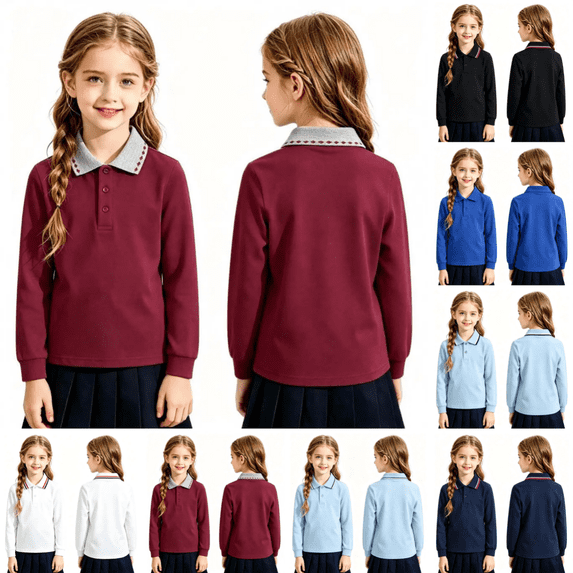 Boys Girls Polo Shirt Trendy Casual Long Sleeve Lapel Golf T-Shirt Back To School Lightweight Quick Dry School Uniform Tees Wine 4-5 Years