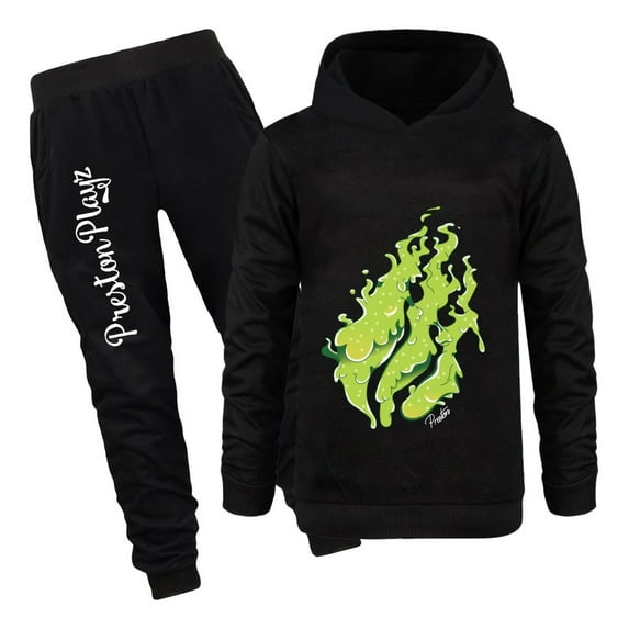 Boys Girls PrestonPlayz Hoodie Outfit Flame Design Pullover and Pants Set Kids 2 Piece Game Clothing
