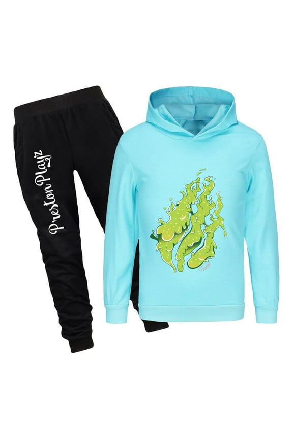 Boys Girls PrestonPlayz Hoodie Outfit Flame Design Pullover and Pants Set Kids 2 Piece Game Clothing