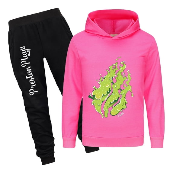 Boys Girls PrestonPlayz Hoodie Outfit Flame Design Pullover and Pants Set Kids 2 Piece Game Clothing