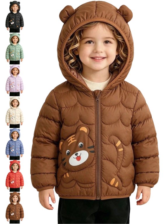 Boys Girls Puffer Jacket 3D Ear Hood Cartoon Tiger Graphic Long Sleeve Zip Up Thick Winter Coat