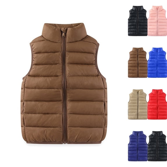 Boys Girls Puffer Vest Kids Sleeveless Lightweight Puffy Zip Up Stand Collar Jacket Winter Coat Outerwear 3-13 Years,Coffee,150