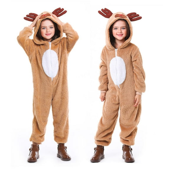 Boys Girls Reindeer Christmas Costume Zip Up Onesie Plush Hooded Jumpsuit Sleepwear