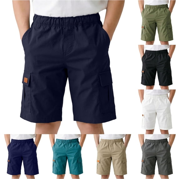 Boys Girls Relaxed‑Fit Solid‑Color School Cargo Shorts, Elastic Waist Multi‑Pocket Casual Summer Uniform Shorts