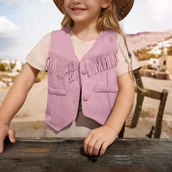 Boys Girls Retro Cowboy Vest Suede Leather Costume Style V Neck Casual Western Vest Vintage Waist Coat Pink 5-6 Years