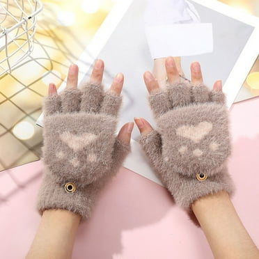 Girls Boys Winter Gloves Classic Cartoon Color Block Convertible Flip Top Cold Weather Warm Knitted Gloves Windproof Gloves for Kids 7-18 Years