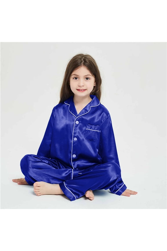 Boys Girls Satin Pajamas Set Button Down Sleep Shirt Top Long Pants Bottoms Sleepwear, 2-3 Years, Blue