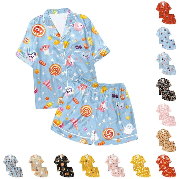 Boys Girls Satin Pajamas Set Short Sleeve Two Piece Pjs Classic Button-Down for Party Pajamas Day Birthdays Halloween Christmas