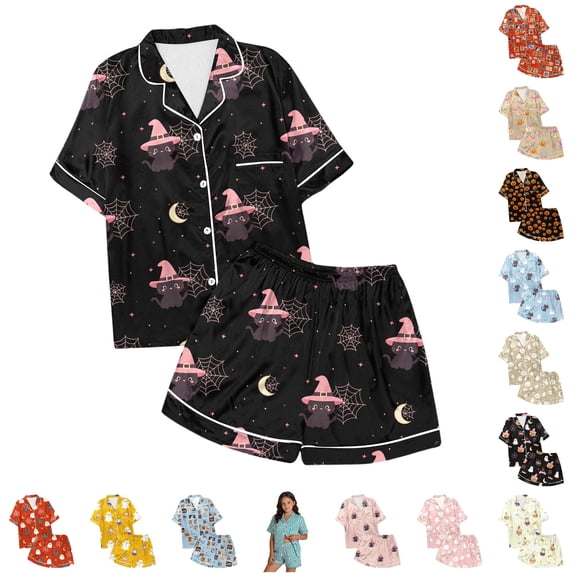 Boys Girls Satin Pajamas Set Short Sleeve Two Piece Pjs Classic Button-Down for Party Pajamas Day Birthdays Halloween Christmas