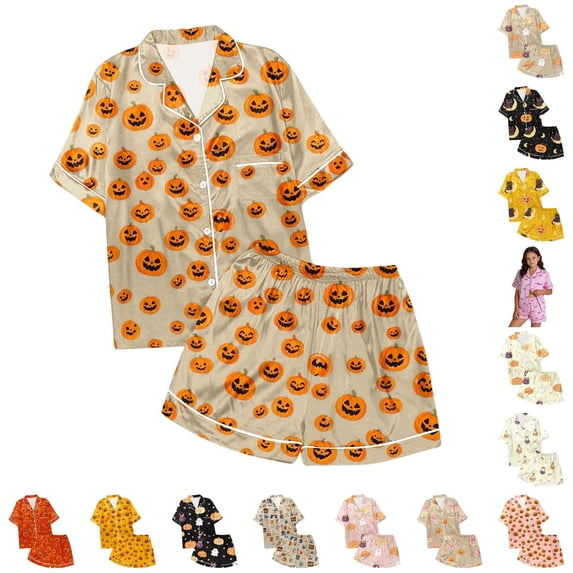 Boys Girls Satin Pajamas Set Short Sleeve Two Piece Pjs Classic Button-Down for Party Pajamas Day Birthdays Halloween Christmas
