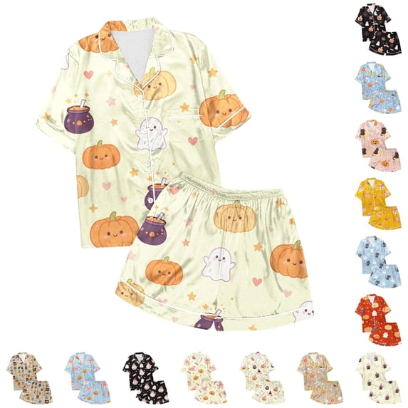 Boys Girls Satin Pajamas Set Short Sleeve Two Piece Pjs Classic Button-Down for Party Pajamas Day Birthdays Halloween Christmas