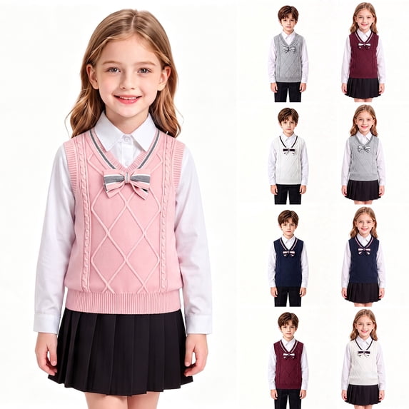 Boys Girls School Uniform Knit Sweaters Vest Sleeveless Bowknot V Neck Pullover