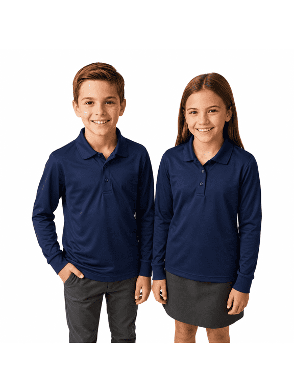 Boys & Girls School Uniform Polo Shirt, 2-Pack Long Sleeve Navy Dri-Fit Performance Polos, Youth L, 11-12 Year, ClassExceed