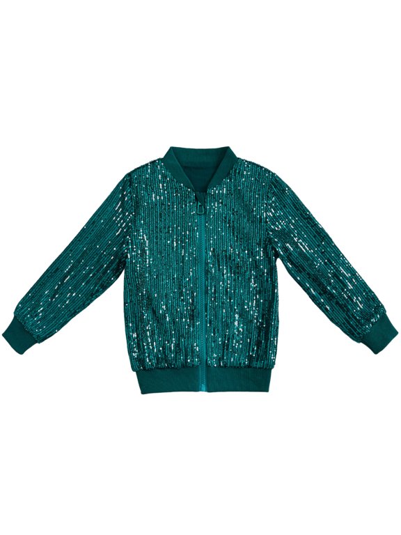 Boys Girls Sequin Bomber Jacket Kids Full Zip Shiny Glitter Jacket Long Sleece Fashion Casual Sparkly Outerwear 2-10Y