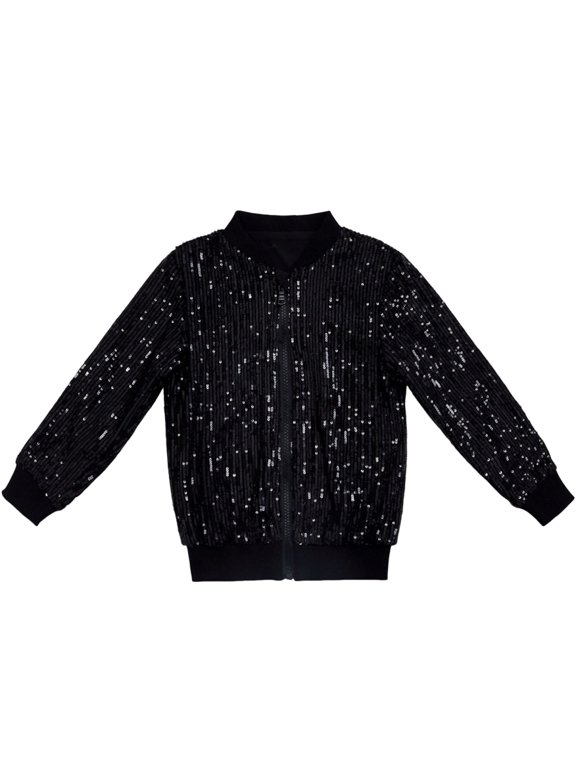 Boys Girls Sequin Bomber Jacket Kids Full Zip Shiny Glitter Jacket Long Sleece Fashion Casual Sparkly Outerwear 2-10Y