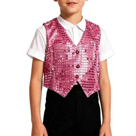 Boys Girls Sequin Dance Performance Vest, Slim Fit Glitter Sleeveless Waistcoat, Kids Jazz Hop Stage for Music Festival Party Wear(Watermelon Red,14-15 Years)