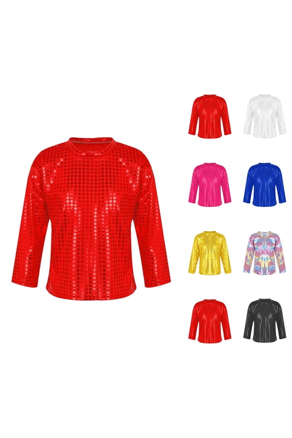 Boys Girls Sequin Shirts 2026 Casual Long Sleeve Crewneck Glitter Sparkle Tshirt Shirts Girls Boys Carnival Rave Top