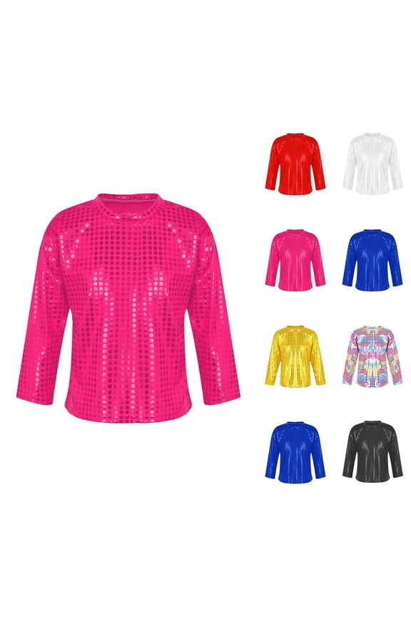 Boys Girls Sequin Shirts 2026 Casual Long Sleeve Crewneck Glitter Sparkle Tshirt Shirts Girls Boys Carnival Rave Top