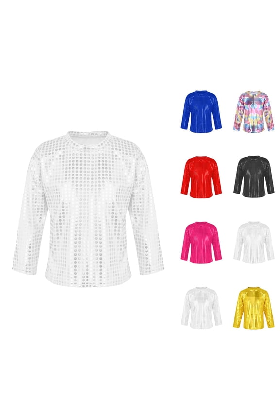 Boys Girls Sequin Shirts 2026 Casual Long Sleeve Crewneck Glitter Sparkle Tshirt Shirts Kids Carnival Rave Top
