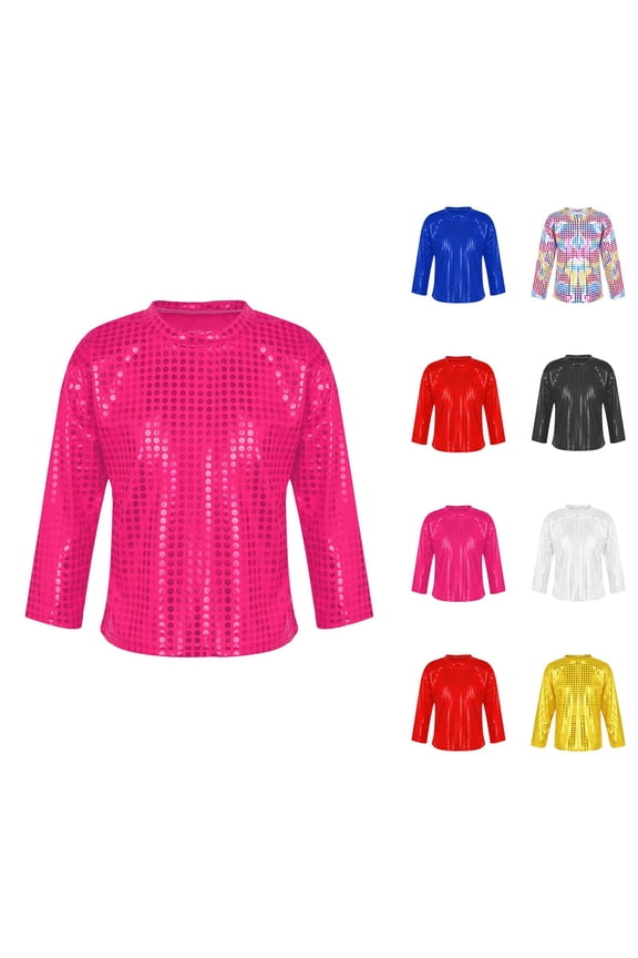 Boys Girls Sequin Shirts 2026 Casual Long Sleeve Crewneck Glitter Sparkle Tshirt Shirts Kids Carnival Rave Top