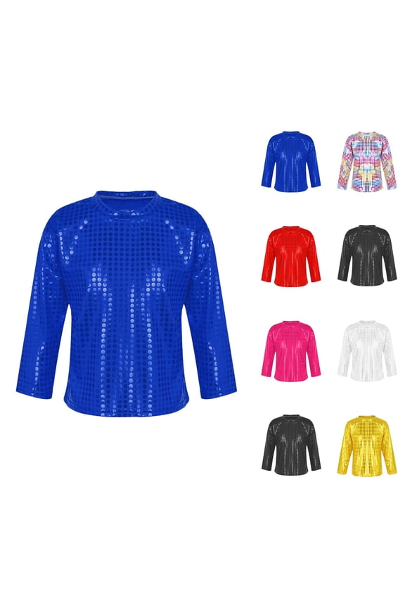Boys Girls Sequin Shirts 2026 Casual Long Sleeve Crewneck Glitter Sparkle Tshirt Shirts Kids Carnival Rave Top