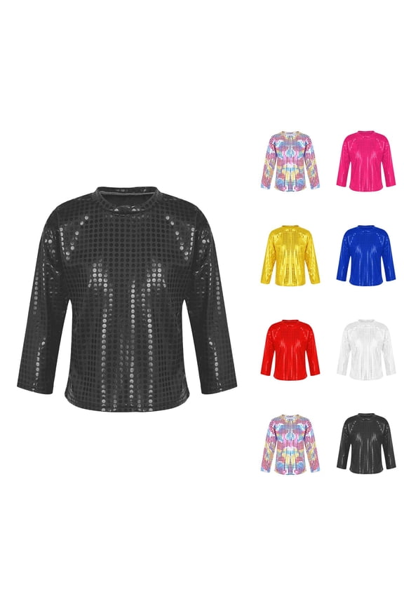 Boys Girls Sequin Shirts 2026 Casual Long Sleeve Glitter Sparkle Crewneck Tshirt Shirts Girls Boys Carnival Rave Top