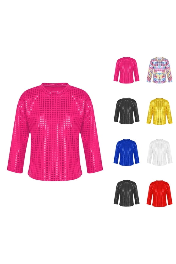 Boys Girls Sequin Shirts 2026 Casual Long Sleeve Glitter Sparkle Crewneck Tshirt Shirts Kids Carnival Rave Top