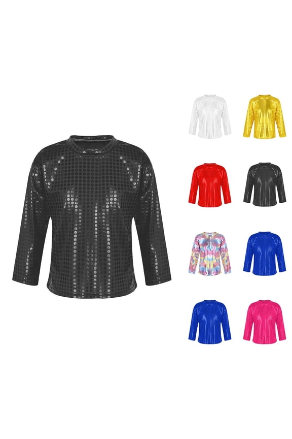 Boys Girls Sequin Shirts 2026 Fashion Long Sleeve Crewneck Glitter Sparkle Tshirt Shirts Boys Girls Carnival Rave Top