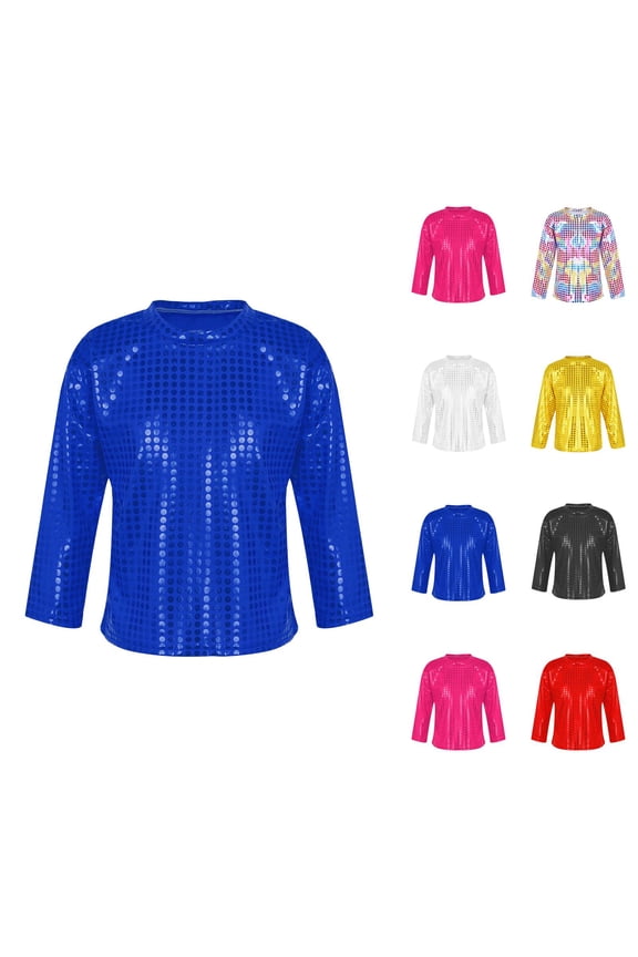 Boys Girls Sequin Shirts 2026 Trendy Long Sleeve Crewneck Glitter Sparkle Tshirt Shirts Boys Girls Carnival Rave Top